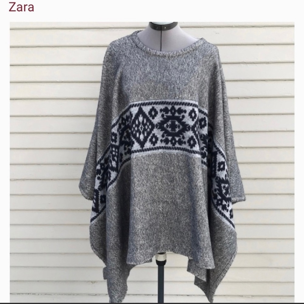 Zara TRF Ethnic Grey/Black Southwestern Pattern Poncho